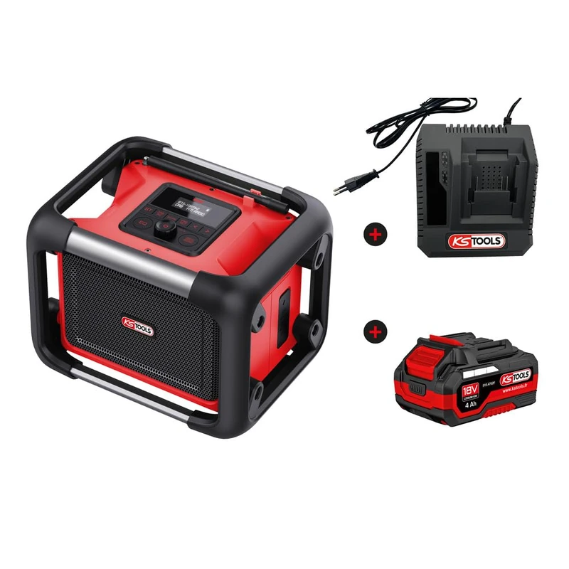KS Tools - 100172F-A1 - Powerful Bluetooth speaker - mains powered or with lithium-ion battery - site radio - Single charger and 4A battery included