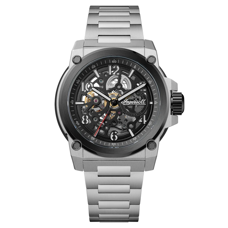Ingersoll The Anvil Mens 46.5mm Automatic Watch with Black Dial and Silver Stainless Steel Bracelet Strap