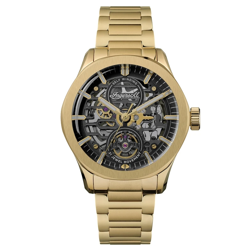 Ingersoll The Bronc Mens 44mm Automatic Watch with Black Brass Dial and Gold Stainless Steel Bracelet Strap