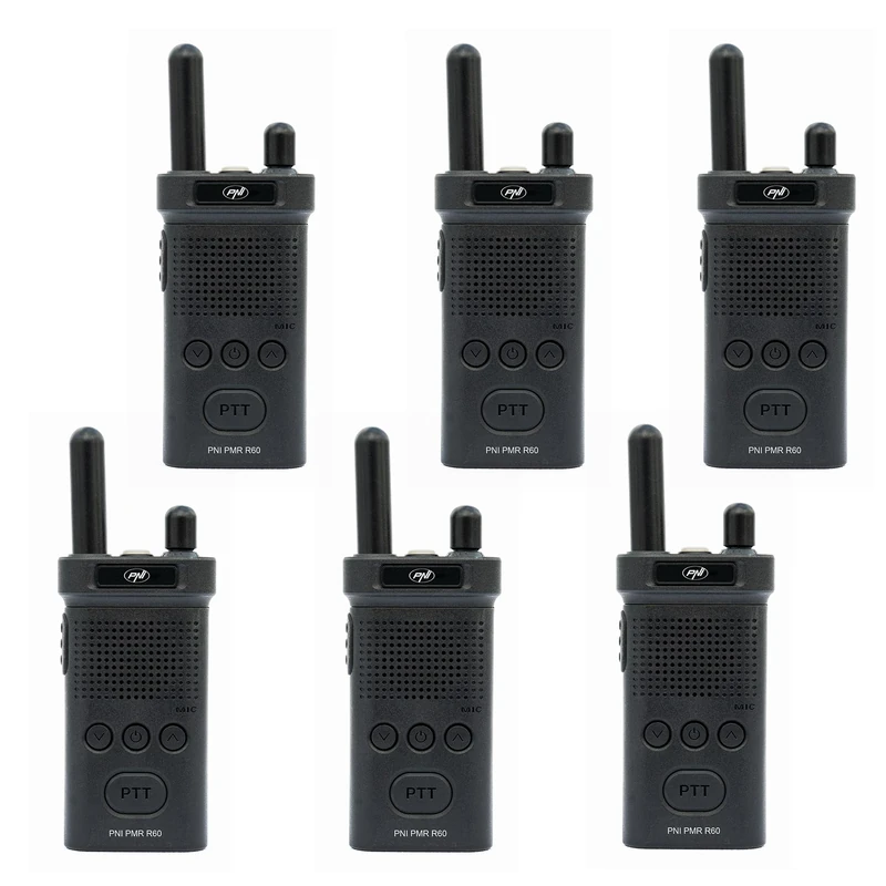 Kit of 6 portable radio stations PNI PMR R60 446MHz, 0.5W, 16 programmable channels, 16 PMR and 50 CTCSS and 104 DCS tones, Scan, key lock, SOS, Monitor, 1200mAh battery