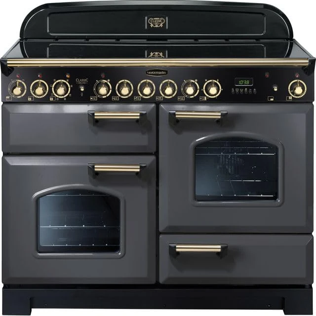 Rangemaster Classic Deluxe 110cm Electric Range Cooker with Ceramic Hob - Slate Grey/Brass - A/A Rated