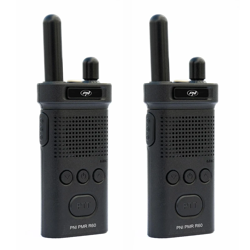 Kit of 2 portable radio stations PNI PMR R60 446MHz, 0.5W, 16 programmable channels, 16 PMR and 50 CTCSS and 104 DCS tones, Scan, key lock, SOS, Monitor, 1200mAh battery