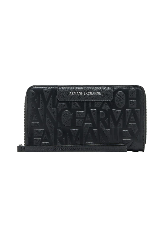 Armani Exchange Women's Essential, Liz, Pebble, Embossed Logo Accessory-Travel Wallet, Black, Black, One Size