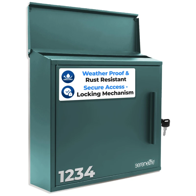 SereneLife Outdoor Wall Mailbox | 0.46 Cubic FT Locking Mailbox | Easy Installation, Secure Lock Mechanism | Ideal for Residential or Commercial Use | Wall Mountable 13.77" x 4.52" x 12.99 | Green