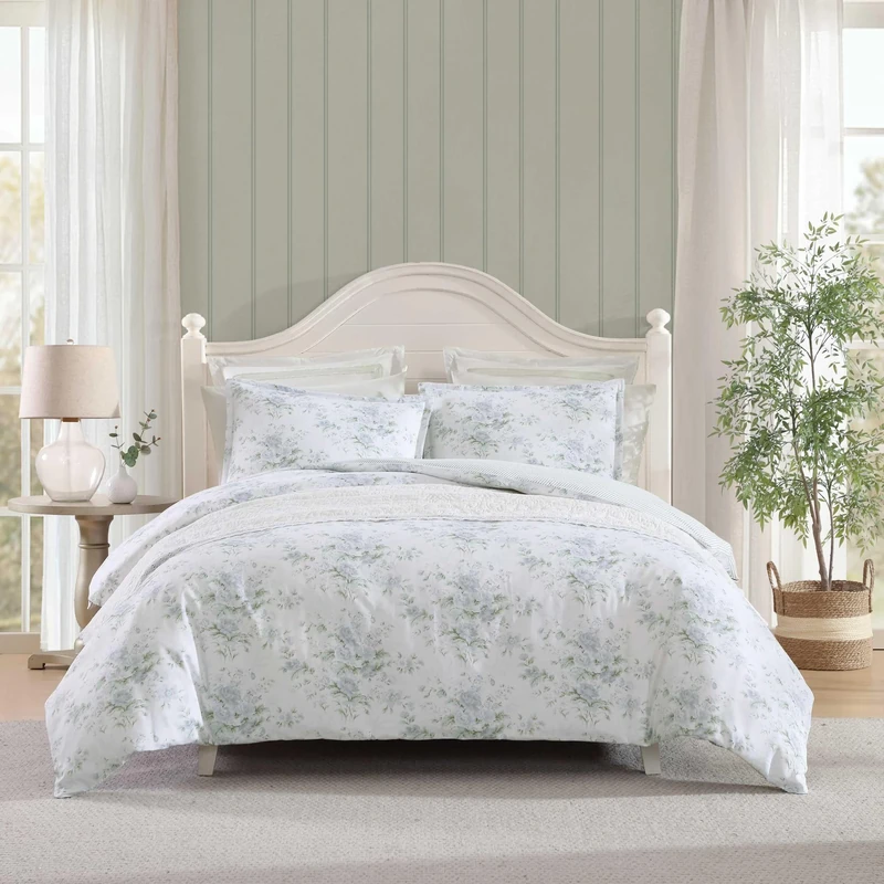 Laura Ashley - Duvet Cover Set, Super Soft Bedding with Matching Shams, Serene Watercolor Floral Design, Elegant and Feminine Aesthetic (Arundel Grey, Full/Queen)