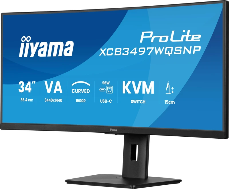 iiyama Prolite XCB3497WQSNP-B1 Curved 1500R 34 Inch VA LED Monitor UWQHD HDMI DP USB 3.2 USB-C Dock 95W RJ45 KVM Switch Height Adjustment Adaptive Sync Black