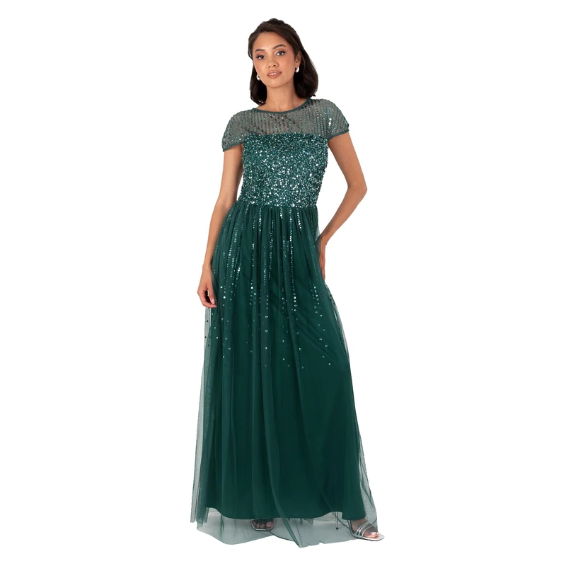 Maya Deluxe Women's Maxi Dress Ladies Round Neck Sheer Cap Sleeve Sequin Embellished Tulle A-line Evening Occasion Prom Ball Gown, Emerald Green 18