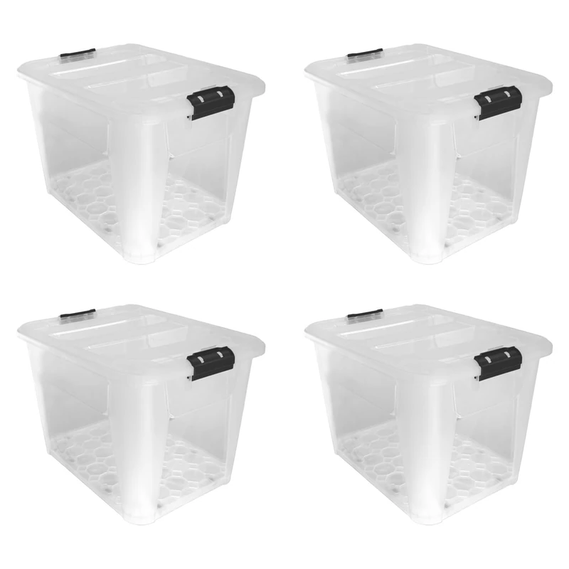 JVL Plastic Secure Clip Lidded Storage Box with Wheels, Stackable & Nestable, Clear, Set of 4, 60L