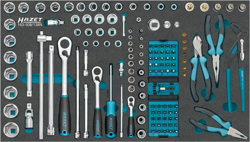 HAZET Socket Wrench Set 163-508/138N 138-Piece E5-E20, PH1-PH3, PZ1-PZ3, T6-T55, Slotted, Phillips, Pozidriv, Inside/Outside Hex and Inner Torx Incl. Pliers & Reversible Ratchets