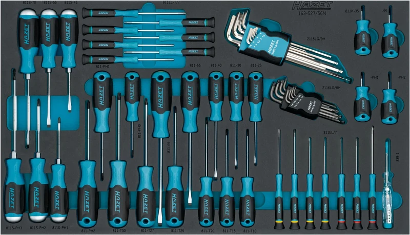 HAZET Screwdriver Set 163-527/56N 56 Pieces 1.5-10mm PH00-PH2 T5-T40 Slotted Phillips Inner Torx and Hexagonal Includes Impact Cap Screwdriver, Angle Wrench
