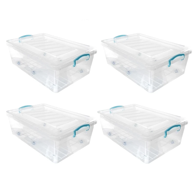 JVL Plastic Clip Lidded Underbed Storage Box with Wheels, Stackable & Nestable, Clear, Set of 4, 30L