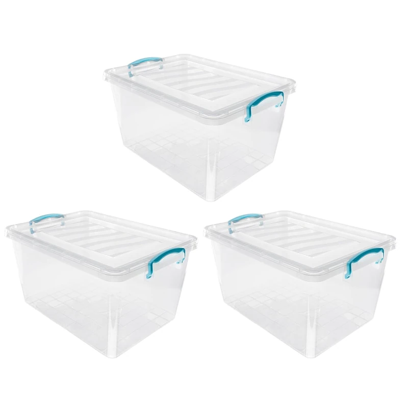 JVL Plastic Clip Lidded Storage Box, Stackable & Nestable, Clear, Set of 3, 30L