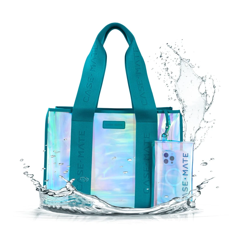 Case-Mate Beach Bag, Emerald Blue Iridescent Beach Bag with Phone Case for Women, Waterproof, Lace-Resistant, Foldable and Washable, Handbag for Swimming Pool, Travel, Iridescent Emerald, Large