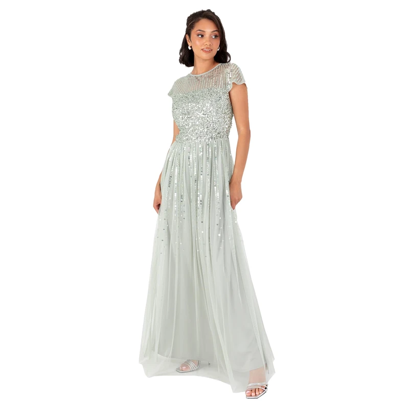Maya Deluxe Women's Maxi Dress Ladies Round Neck Sheer Cap Sleeve Sequin Embellished Tulle A-line Evening Occasion Prom Ball Gown, Green Lily 28