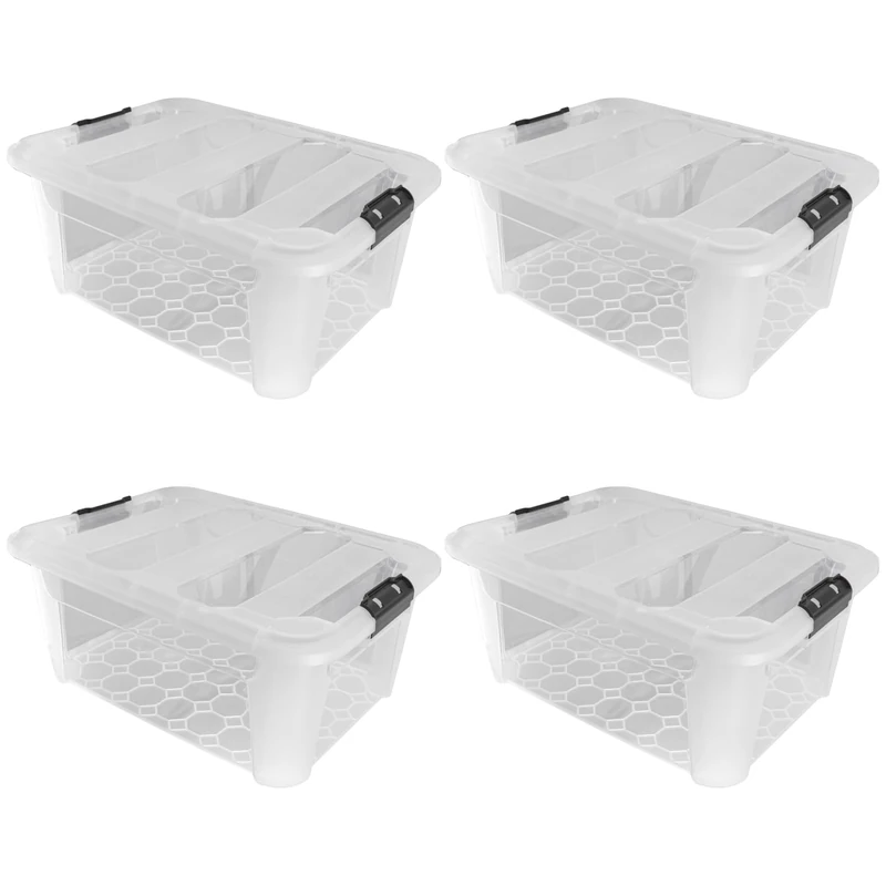 JVL Plastic Secure Clip Lidded Storage Box, Stackable & Nestable, Clear, Set of 4, 40L