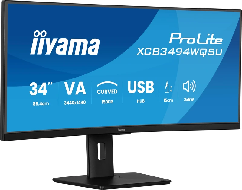 iiyama XCB3494WQSU-B1 34 inch Curved 1500R 120Hz VA LCD, 0.4 ms, 21:9 Ultra Wide 3440 x 1440, HDMIx2, DPx1, 2xUSB, 2 x USB-C(7.5W), Height Adjustable Stand
