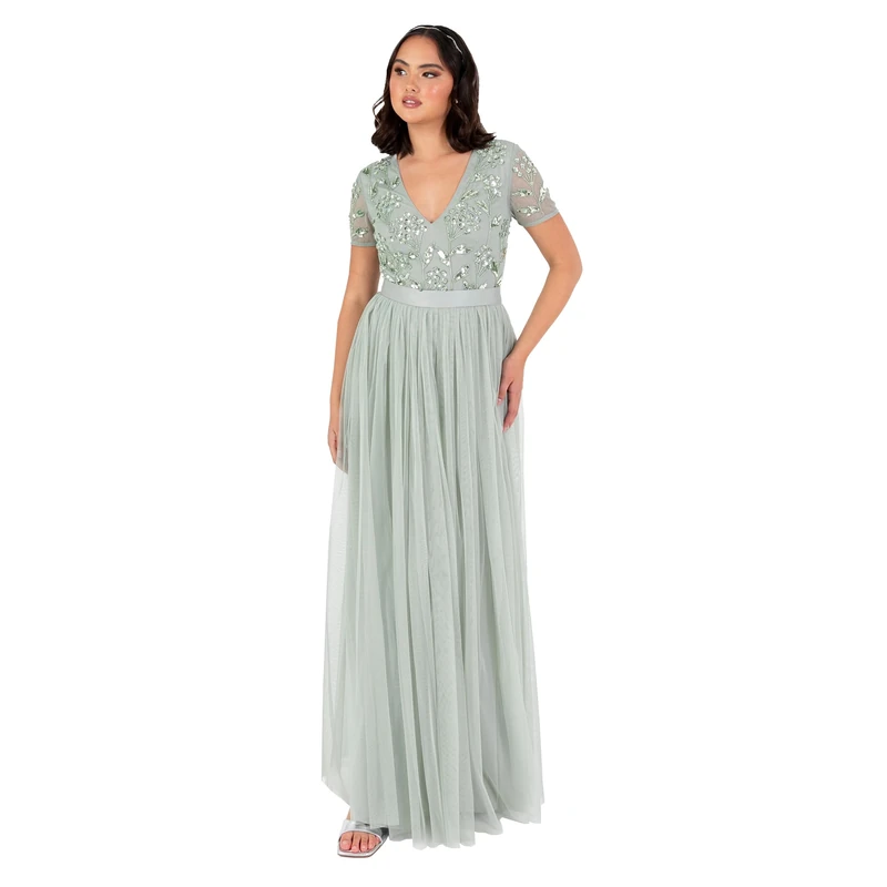 Maya Deluxe Women's Maxi Dress Ladies Floral Sequin Embellished V-Neck Short Sleeve Tulle Sash Tie Belt Empire A-line Bridesmaid, Green Lily, 8