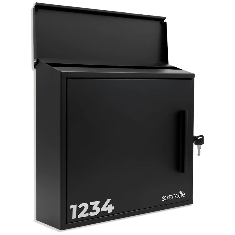 SereneLife Outdoor Wall Mailbox | 0.46 Cubic FT Locking Mailbox | Easy Installation, Secure Lock Mechanism | Ideal for Residential or Commercial Use | Wall Mountable 13.77" x 4.52" x 12.99 | Black