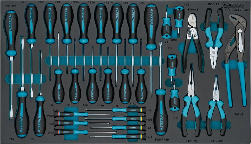 HAZET Screwdriver Set 163-604/34N 34-Piece PH00-PH2, T8H-T45H, Slotted, Phillips, Tamper Resistant TORX, Includes HEXAnamic Screwdriver, Pliers and Electronic Tools