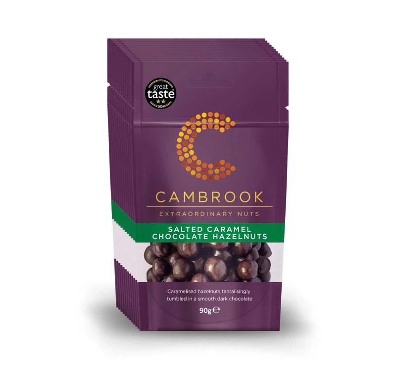 Cambrook Salted Caramel Dark Chocolate Hazelnuts, 90g Bags, Pack of 12