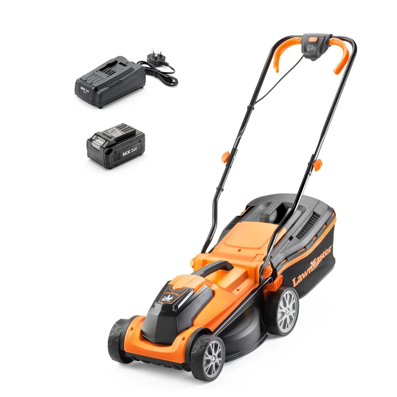 LawnMaster MX 24V 34cm Cordless Lawnmower with MX 24V 4.0Ah Lithium Ion Battery, Fast Charger and Rear Roller. Powerful Battery Lawn Mower for Small to Medium Lawns (34cm Mower)