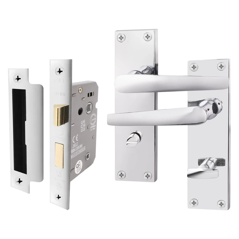 EAI Polished Chrome Bathroom Door Handle Set | 1 Pair Bathroom Handles on Backplate with Lock (64mm) | Straight Pattern