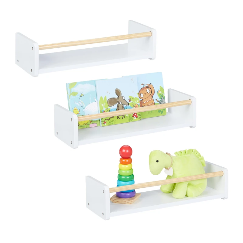 Relaxdays Children's Wall Shelves, Set of 3, Kids Bookshelves, Playroom & Nursery, HxWxD: 12 x 50 x 18 cm, White/Natural, Wood, Fibreboard