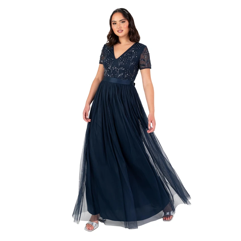 Maya Deluxe Women's Maxi Dress Ladies Floral Sequin Embellished V-Neck Short Sleeve Tulle Sash Tie Belt Empire A-line Bridesmaid, Navy Blue 20