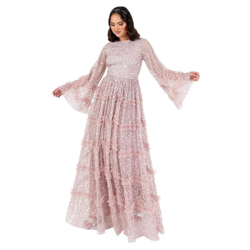 Maya Deluxe Women's Maxi Dress Ladies Modest Round Neck Long Bell Sleeve Sequin Embellished Tiered Ruffle A-line Bridesmaid Prom, Frosted Pink 14