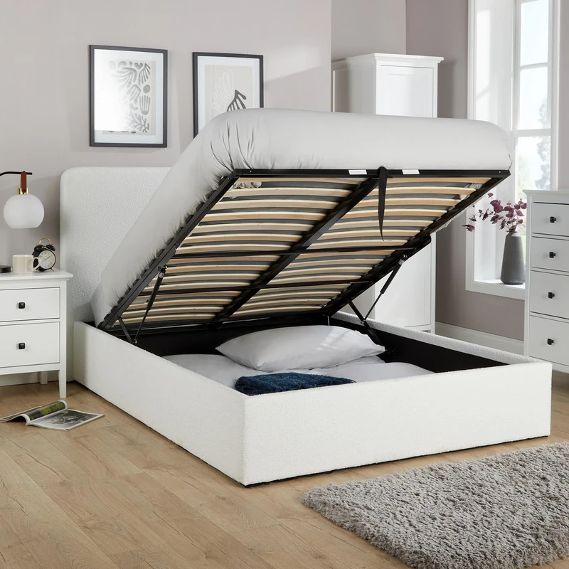Home Source Bedroom King Sized 5ft Gas Lift Ottoman Storage Bed, Cream Boucle Fabric