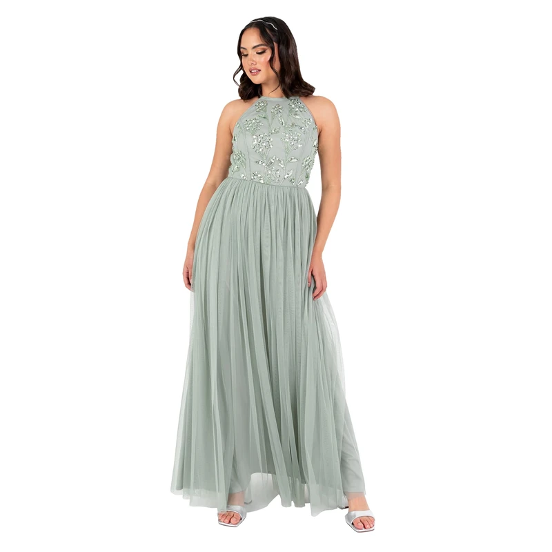 Maya Deluxe Women's Maxi Dress Ladies Halterneck Sleeveless Floral Sequin Embellished Tulle A-Line Bridesmaid Prom Ball Gown, Sage Green 36, Green Lily, 8