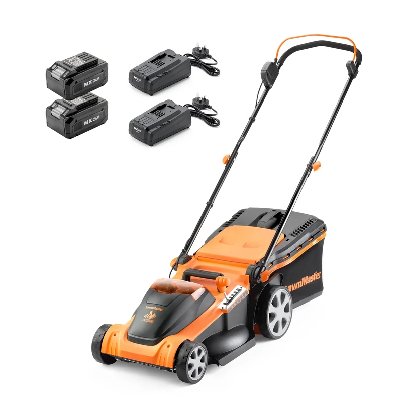 LawnMaster 48V 41cm Cordless Lawnmower with a Set of two MX 24V 4.0Ah Lithium Ion Batteries, 2x Fast Chargers, Edging Comb, Rear Roller and Mulching Function. Battery lawn mower for Large Lawns.