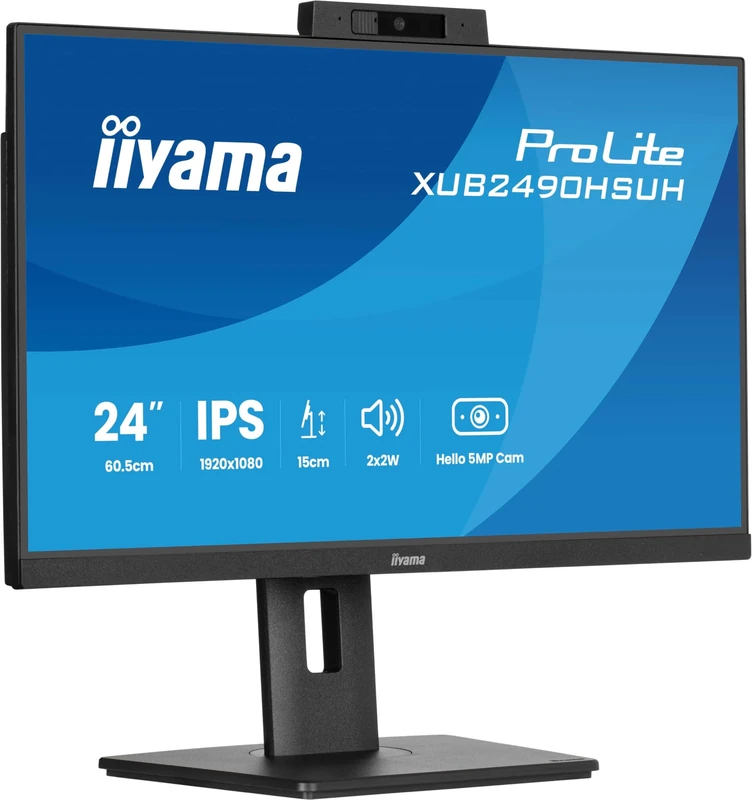 iiyama Prolite XUB2490HSUH-B2 60.5 cm 23.8 Inch IPS LED Monitor Full HD 100H HDMI DP USB 3.2 Height Adjustment Pivot Windows Hello 5 MP Webcam Adaptive Sync Black