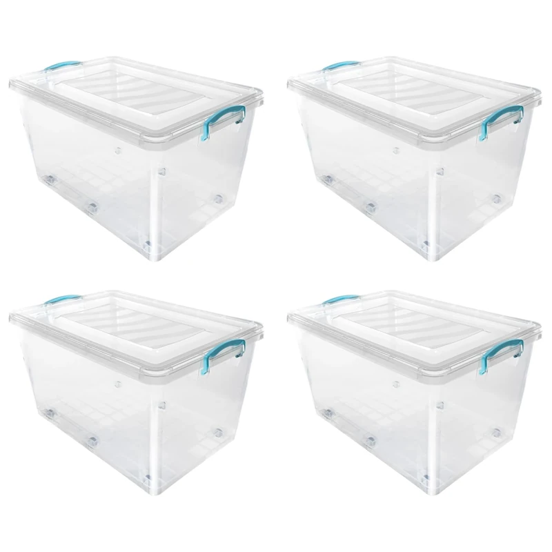 JVL Plastic Clip Lidded Storage Box with Wheels, Stackable and Nestable, Clear, Set of 4, 50L