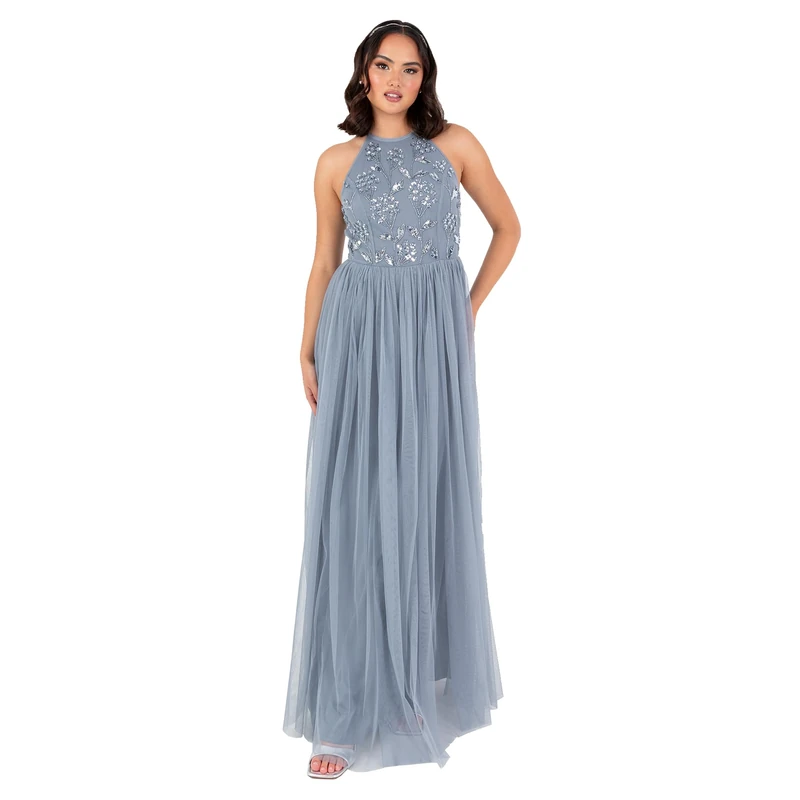 Maya Deluxe Women's Maxi Dress Ladies Halterneck Sleeveless Floral Sequin Embellished Tulle A-line Bridesmaid Prom Ball Gown, Dusty Blue, 22