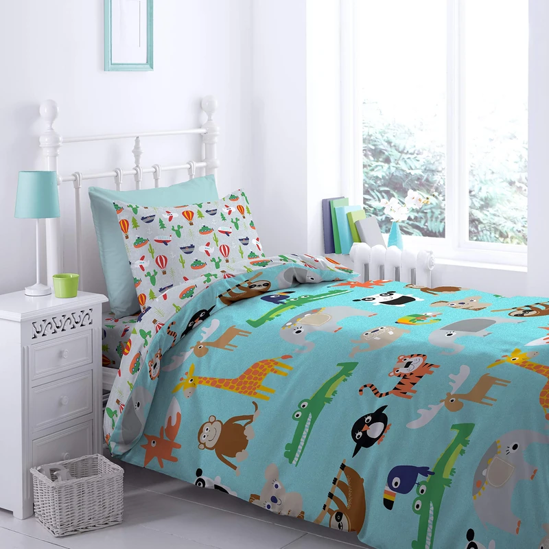 Catherine Lansfield Animal Adventures Duvet Cover Set 160 x 200 + 50 x 80 cm and Fitted Sheet and Pillowcase White 90 x 200 + 50 x 80 cm
