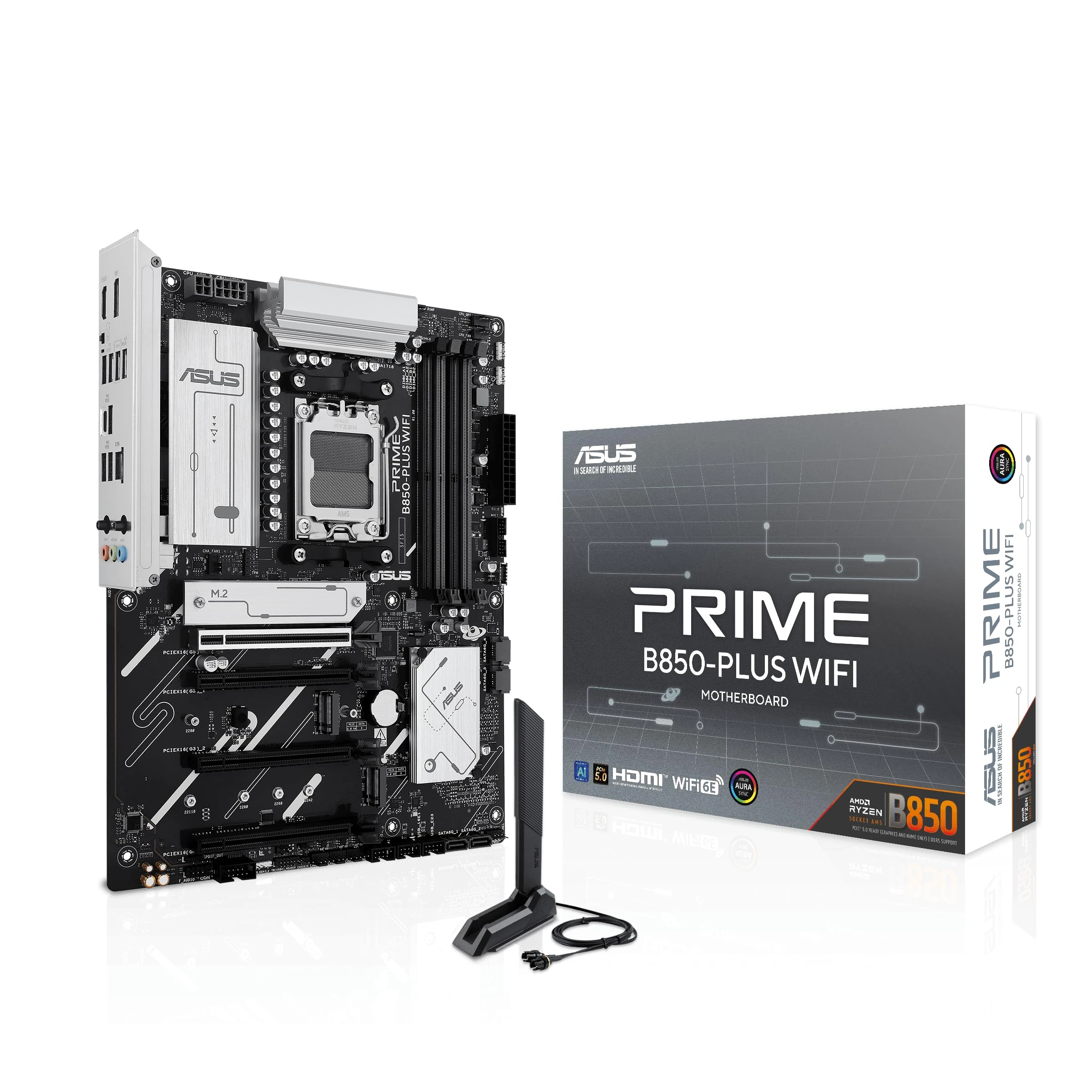 ASUS PRIME B850-PLUS WIFI, AMD ATX Motherboard, 8+2+1 Phase Power, DDR5 Slot, PCIe 5.0, 3 M.2 Slots, Wi-Fi 6E, Ethernet Realtek 2.5Gb, DisplayPort, HDMI, USB-A and USB-C 10Gbps, Aura Sync