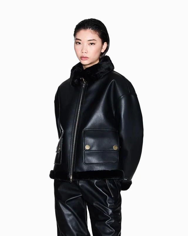 Armani Exchange Women's Fur Contrast Collar Side Logo Patch Blouson Jacket, Black, XL