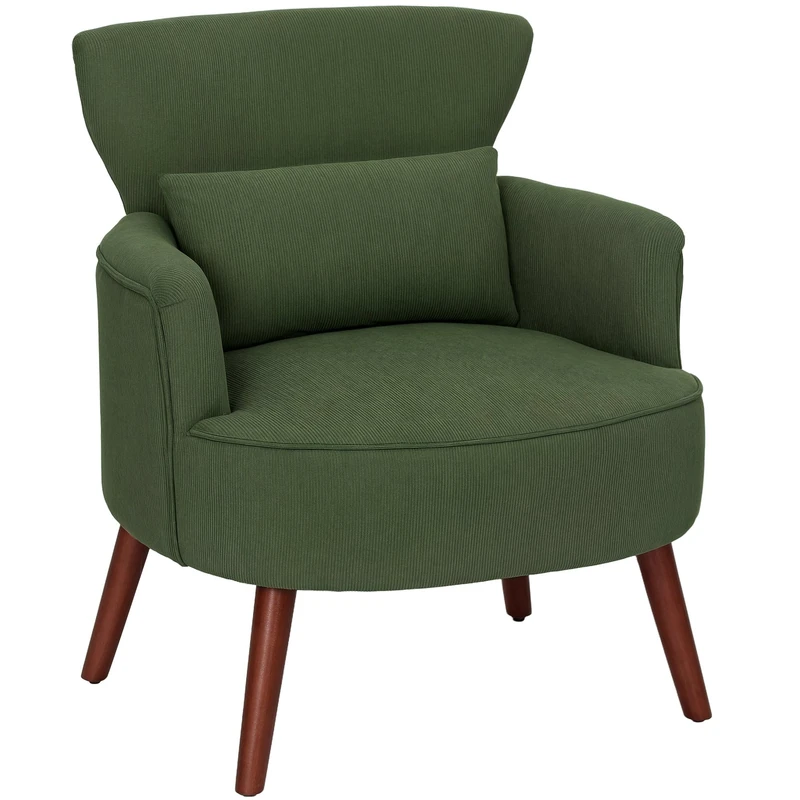 HOMCOM Modern Armchair, Upholstered Corduroy Accent Chair with Thick Padded Seat, Lumbar Pillow, Rubber Wood Legs, Cuddle Chair for Living Room Bedroom Office, Green