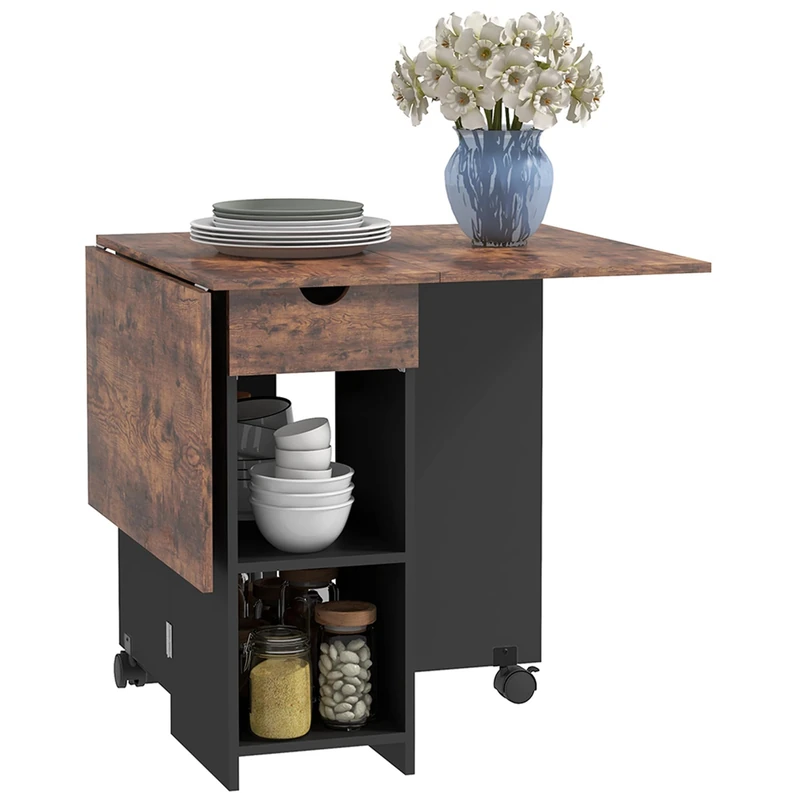 HOMCOM Folding Dining Table, Drop Leaf Table for Small Spaces, Foldable Table with Drawer and Storage Shelves for Kitchen, Dining Room, Rustic Brown