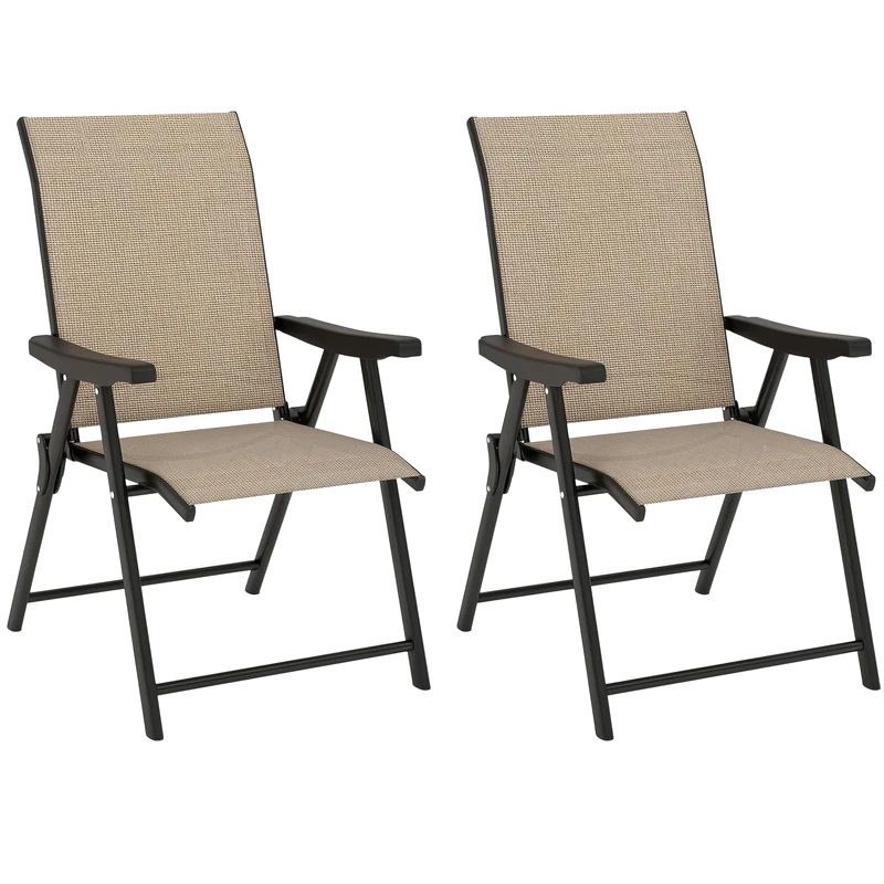 Outsunny Garden Dining Chairs Set of 2, Folding Garden Chairs with All Weather Texteline Back and Seat, Outdoor Dining Chair with Armrests, Steel Frame for Terrace Balcony, Brown