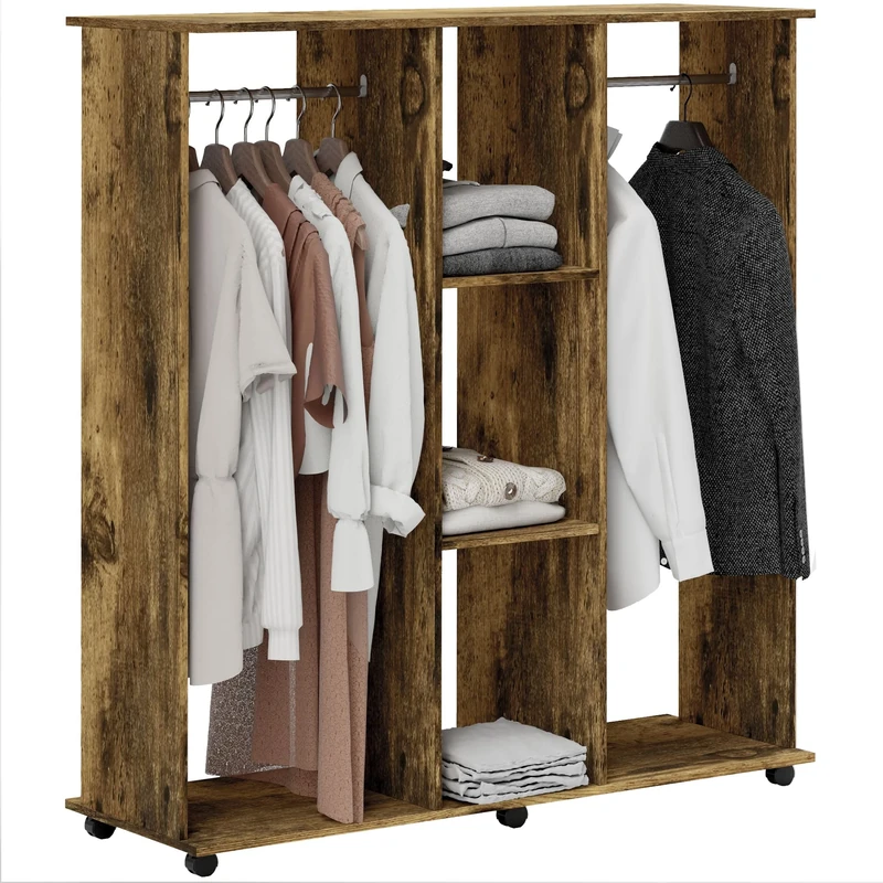 HOMCOM Double Open Wardrobe on Wheels, Bedroom Wardrobe with Clothes Hanging Rails, 3 Storage Shelves, Mobile Garment Rack for Cloakroom, Hallway, Rustic Brown