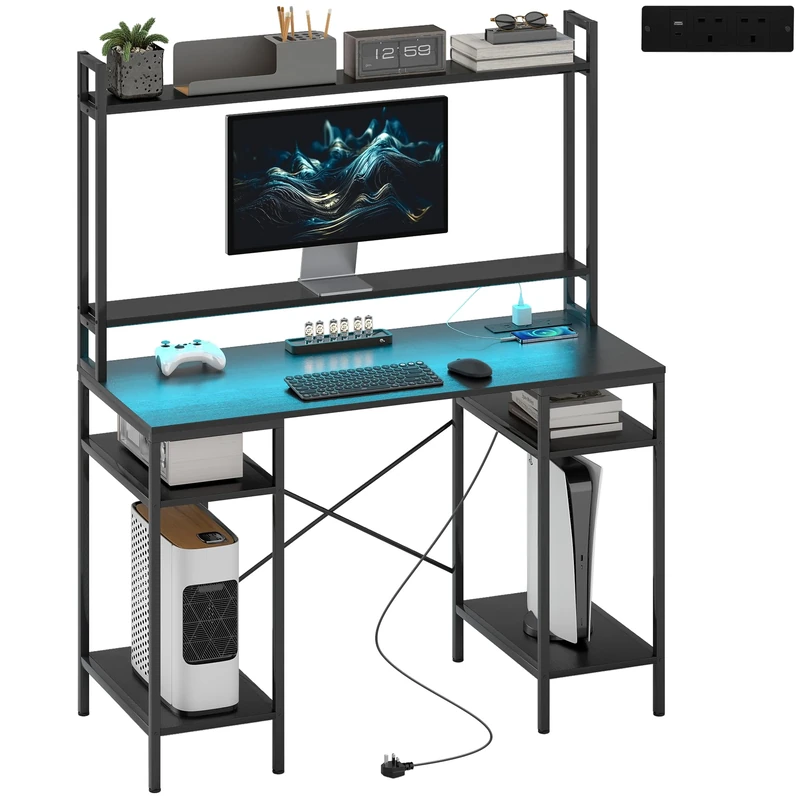 HOMCOM Computer Desk with Power Outlets and LED Lights, Home Office Desk with Monitor Stand, 2 CPU Stands and Storage Shelves, Study Table Gaming Desk with Hutch, Black