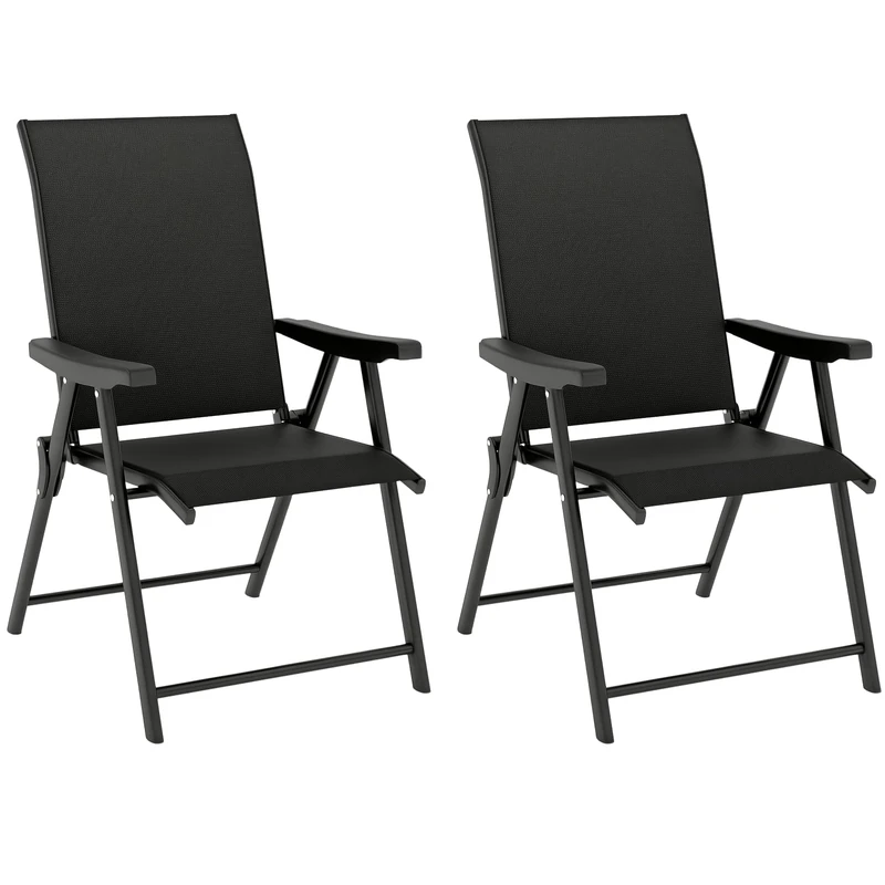 Outsunny Garden Dining Chairs Set of 2, Folding Garden Chairs with All Weather Texteline Back and Seat, Outdoor Dining Chair with Armrests, Steel Frame for Terrace Balcony, Black