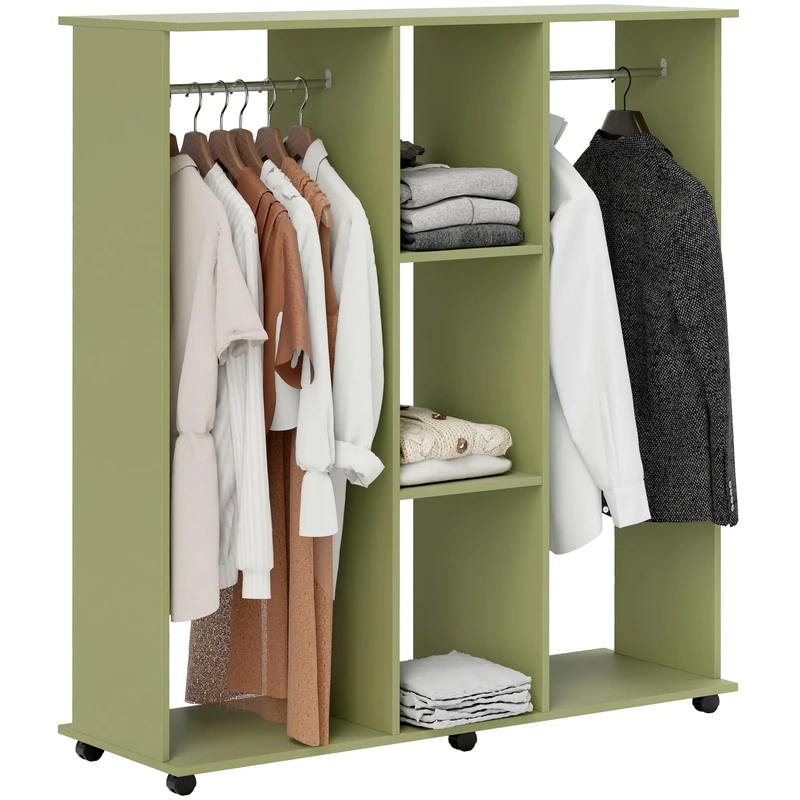 HOMCOM Double Open Wardrobe on Wheels, Bedroom Wardrobe with Clothes Hanging Rails, 3 Storage Shelves, Mobile Garment Rack for Cloakroom, Hallway, Green