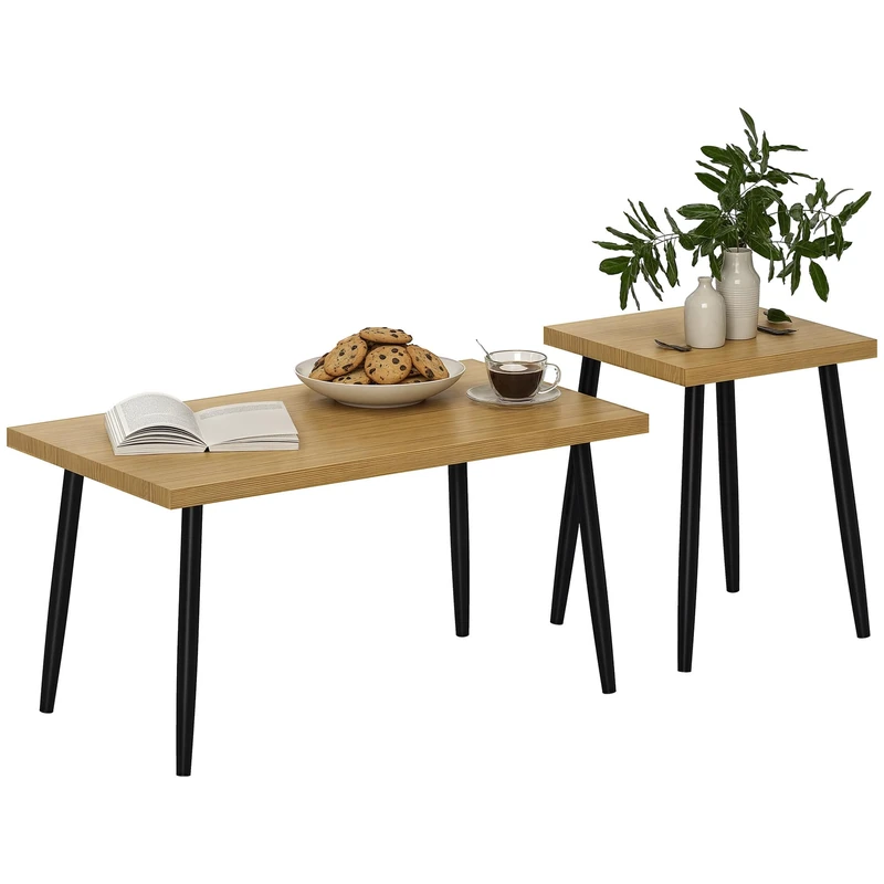 HOMCOM Coffee Table Set of 2 Side Tables with Steel Frame, Living Room Table, Coffee Table for Living Room, Natural