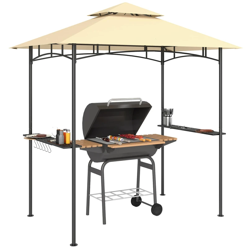 Outsunny 2.4 x 1.5 m (8' x 5') Grill Gazebo Canopy with LED Lights, Double Tiered Outdoor BBQ Gazebo Shelter with 2 Side Shelves, Storage Basket and Hooks for Garden, Barbecue, Picnic, Beige