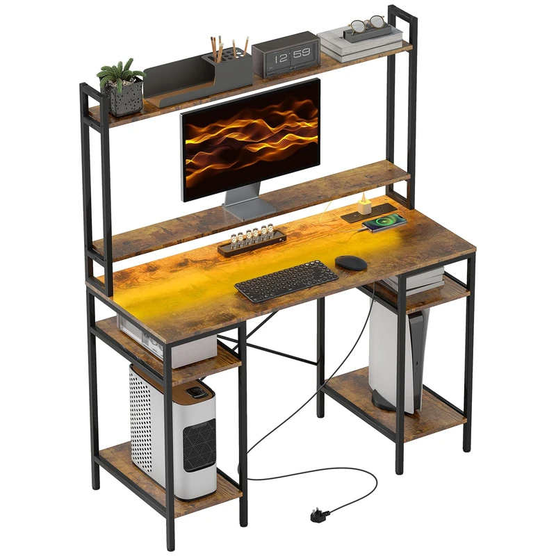 HOMCOM Computer Desk with Power Outlets and LED Lights, Home Office Desk with Monitor Stand, 2 CPU Stands and Storage Shelves, Study Table Gaming Desk with Hutch, Rustic Brown