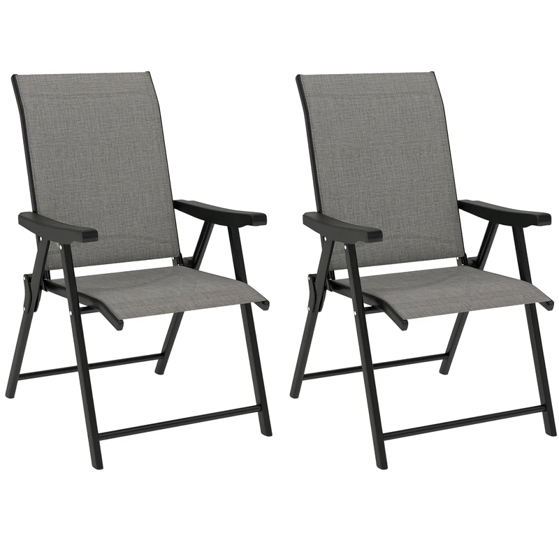 Outsunny Garden Dining Chairs Set of 2, Folding Garden Chairs with All Weather Texteline Back and Seat, Outdoor Dining Chair with Armrests, Steel Frame for Terrace Balcony, Black and Grey