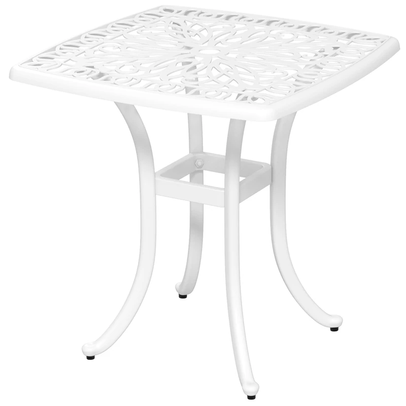 Outsunny Square Small Garden Table, Cast Aluminium Garden Coffee Table with Parasol Hole, Outdoor Side Table for Patio, Balcony, Poolside, 53 x 53 cm, White